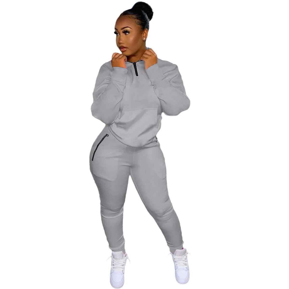 HLJ&amp;GG Winter Tracksuits Two Piece Sets Pink Letter Print Solid Casual Outfits Zip Sweatshirt + Pockets Pants Women Sweat Suits