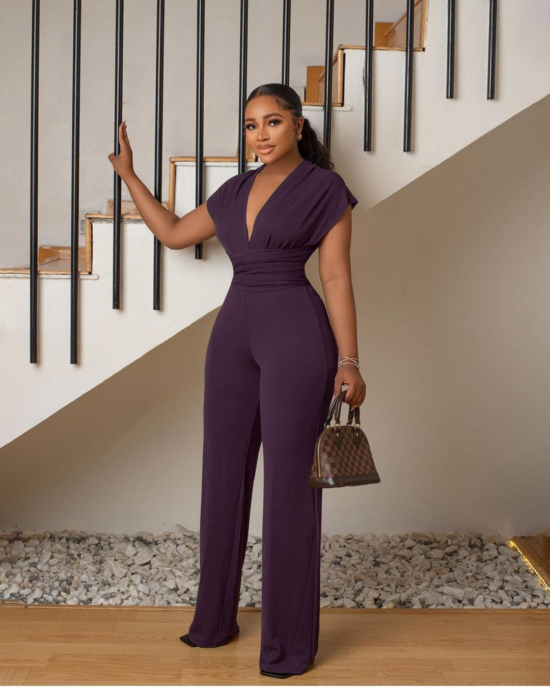 Summer Long Wide Leg Jumpsuit Women Fashion Office Lady V-neck Short Sleeved High Waist Jumpsuit Women