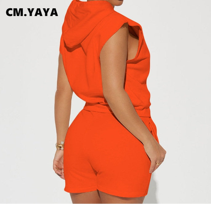CM.YAYA Fashion Women's Set Hooded Flare Short Sleeve Sweatshirt and Shorts Suit 2023 Active Two 2 Piece Set Outfits Tracksuit
