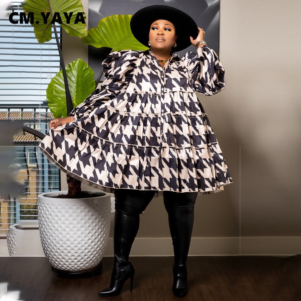CM.YAYA Plus Size Women Houndstooth Tie Dye Camouflage Printed Puff Long Sleeve Button Shirt Smock Babydoll Big Swing Dress