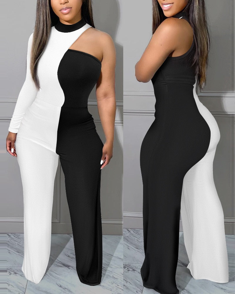 Autumn Fashion Color Contrast Print Jumpsuit Women Sexy Off Shoulder Single Sleeve Wide Leg Jumpsuit Women