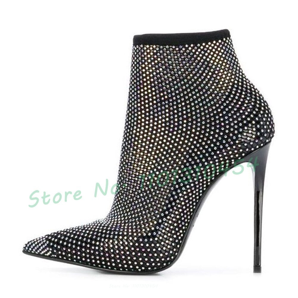 Crystal Mesh Stretch Ankle Boots Women New In Pointy Stiletto Heels Sparkly Hollow Shoes Designer Fashion Spring Chic Booties