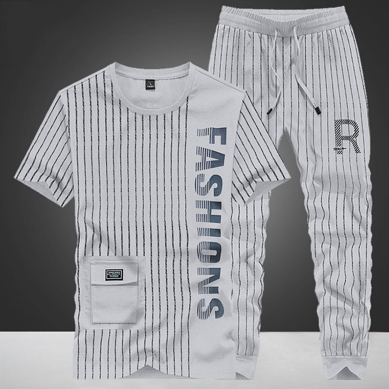 Summer new ice silk suit male summer youth fashion brand short sleeve T-shirt male loose pants casual sportswear male