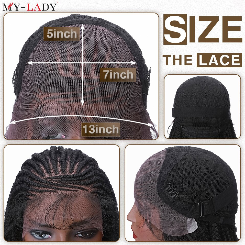 My-Lady Synthetic 26'' Cornrow Braids Lace Wigs Curly Ends Box Braided Lace Front Wig Baby Hair Frontal Afro Wig Black Women