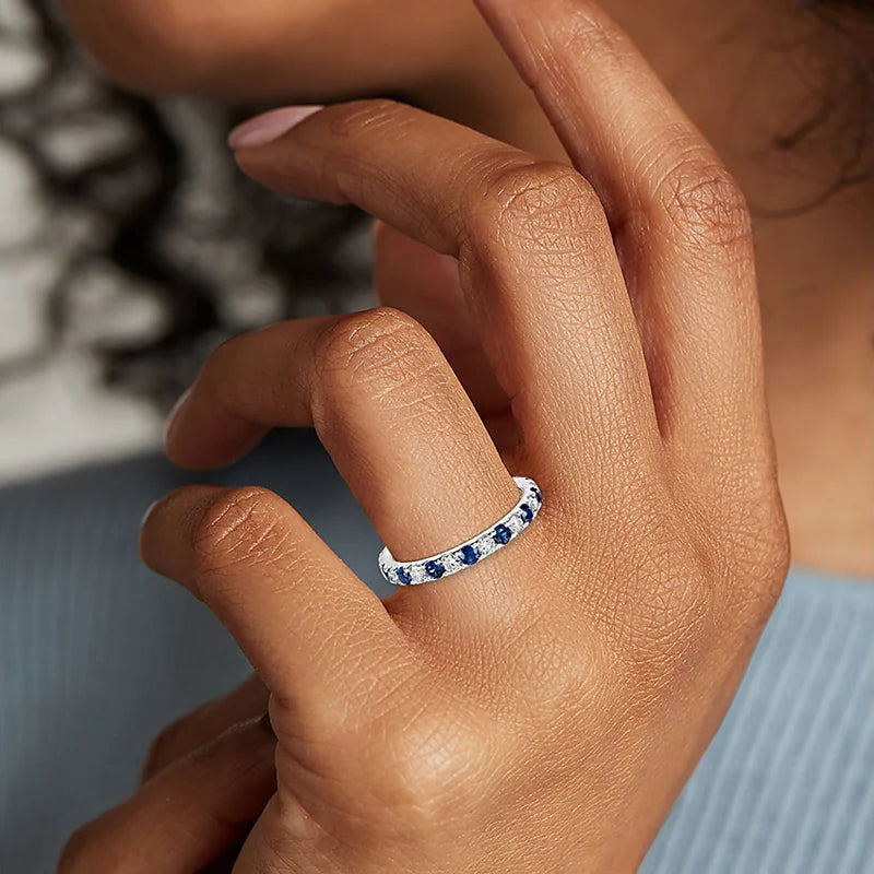 Huitan Exquisite Women's Thin Ring Full Paved Blue White Cubic Zirconia Simple Stylish Girls Promise Rings Wedding Party Jewelry