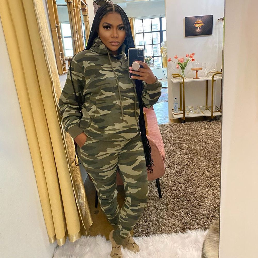 Ladies Camo Set Women Camouflage Tracksuit  Hoodies Sweatshirt Pants 2 Piece Sportwear Fall Outfits