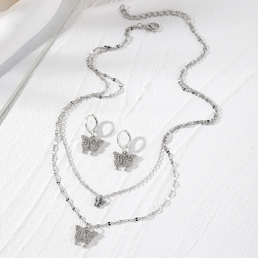 IPARAM Minimalist Crystal Butterfly Pendant Earrings Necklace Jewelry Set for Women Chains Fashion Jewelry Gifts