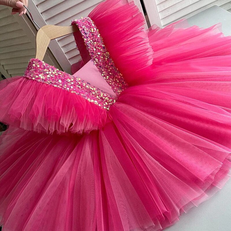 Girls Wedding Puff Sleeve Princess Costume 2023 Fashion Pink Elegant Ball Gown Dresses 3-8 Yrs Kids Vestido For Birthday Party