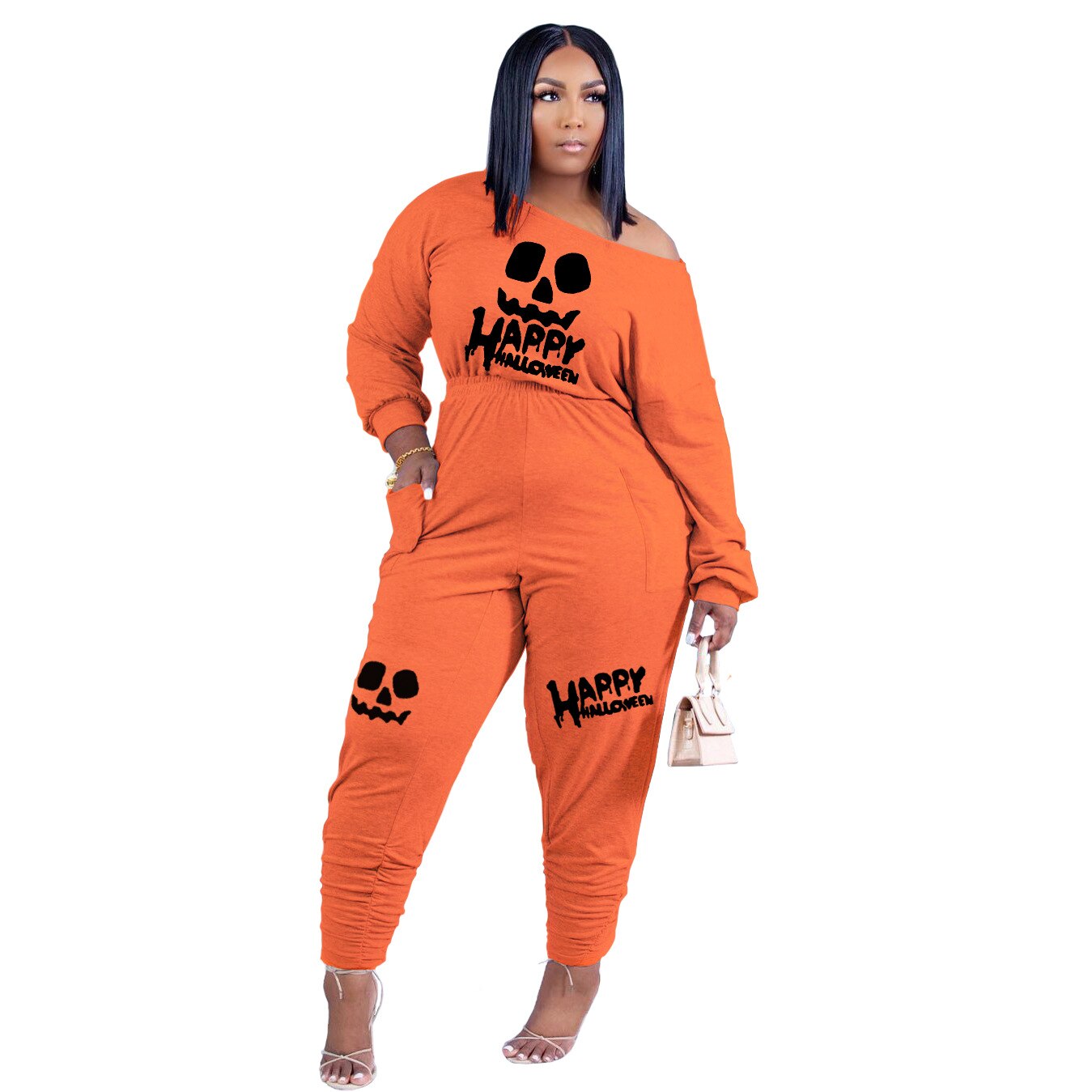HLJ&amp;GG Casual Women Letter Print Jumpsuits Fall Winter Off Shoulder with Pocket One Piece Playsuits Female Clothing Dropshipping