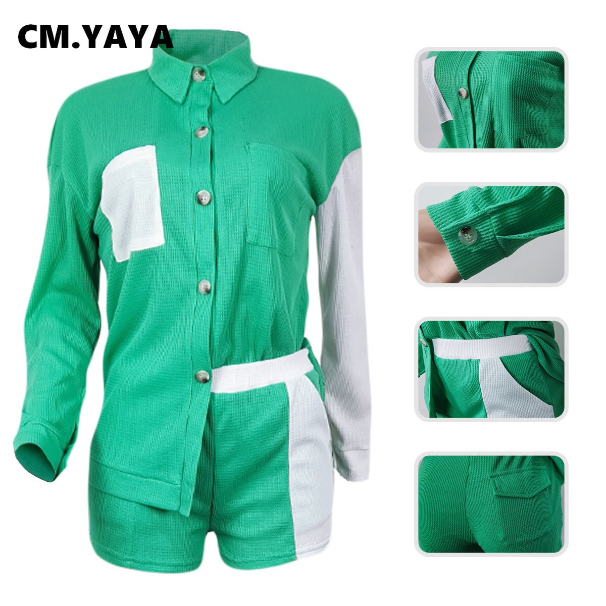 CM.YAYA Street Patchwork Women's Set Short Sleeve Shirt and Shorts Suit 2023 INS Summer Fashion Two 2 Piece Set Outfit Tracksuit