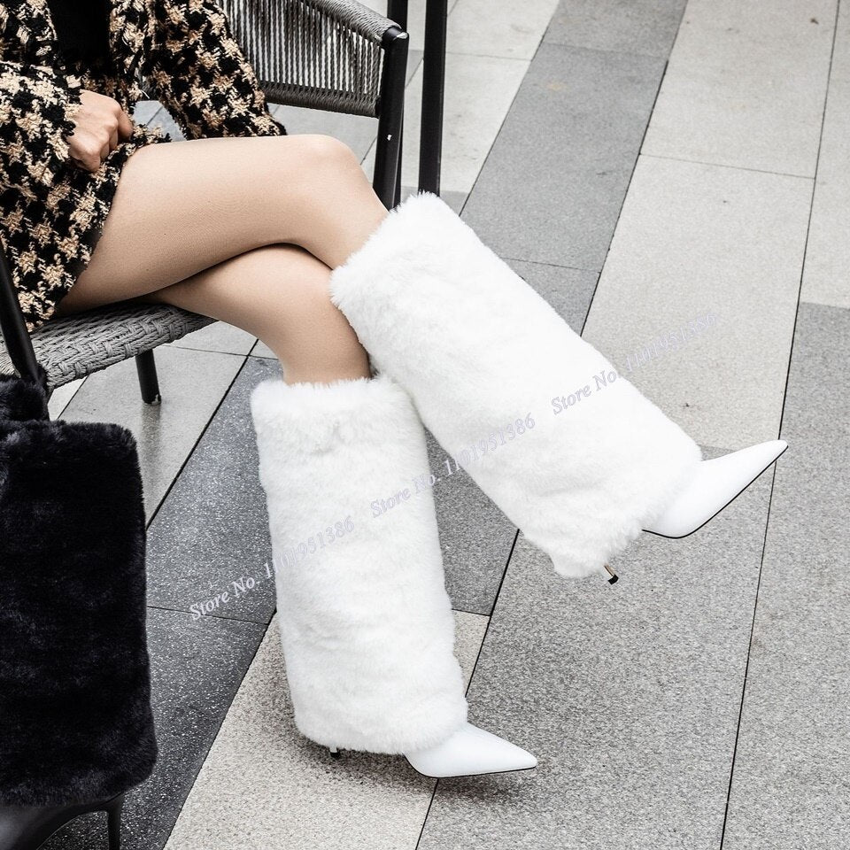Pereira White Thick Fur Decor Boots High Heel Boots Mid Calf Pointed Toe Shoes for Women Heels New Fashion Zapatillas Mujer