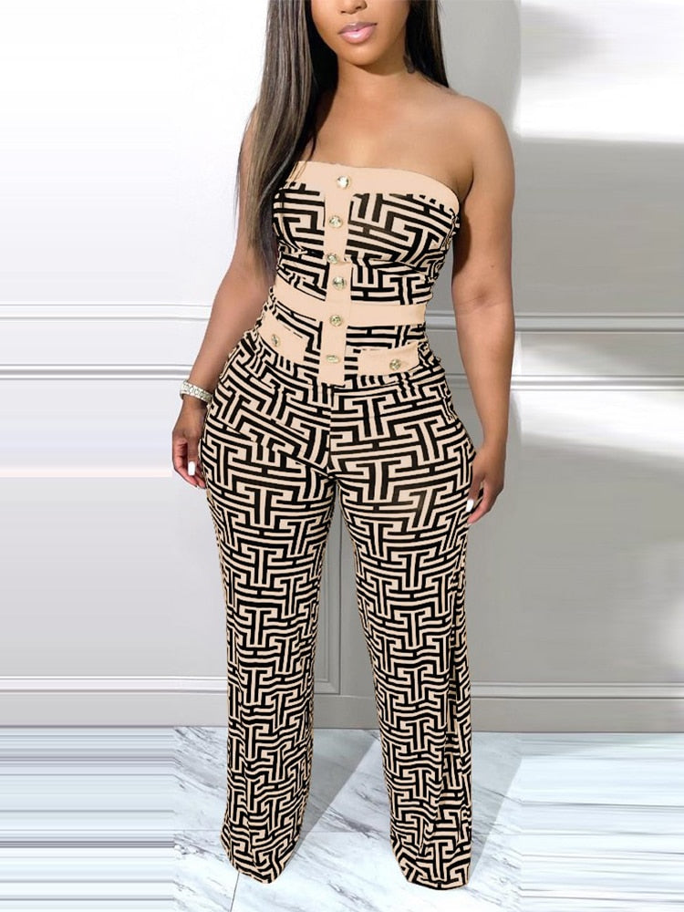 One Piece For Women Combinaison Femme Geometric Print Button Decor Tube Jumpsuit Jumpsuit Women 2022 Bodysuit
