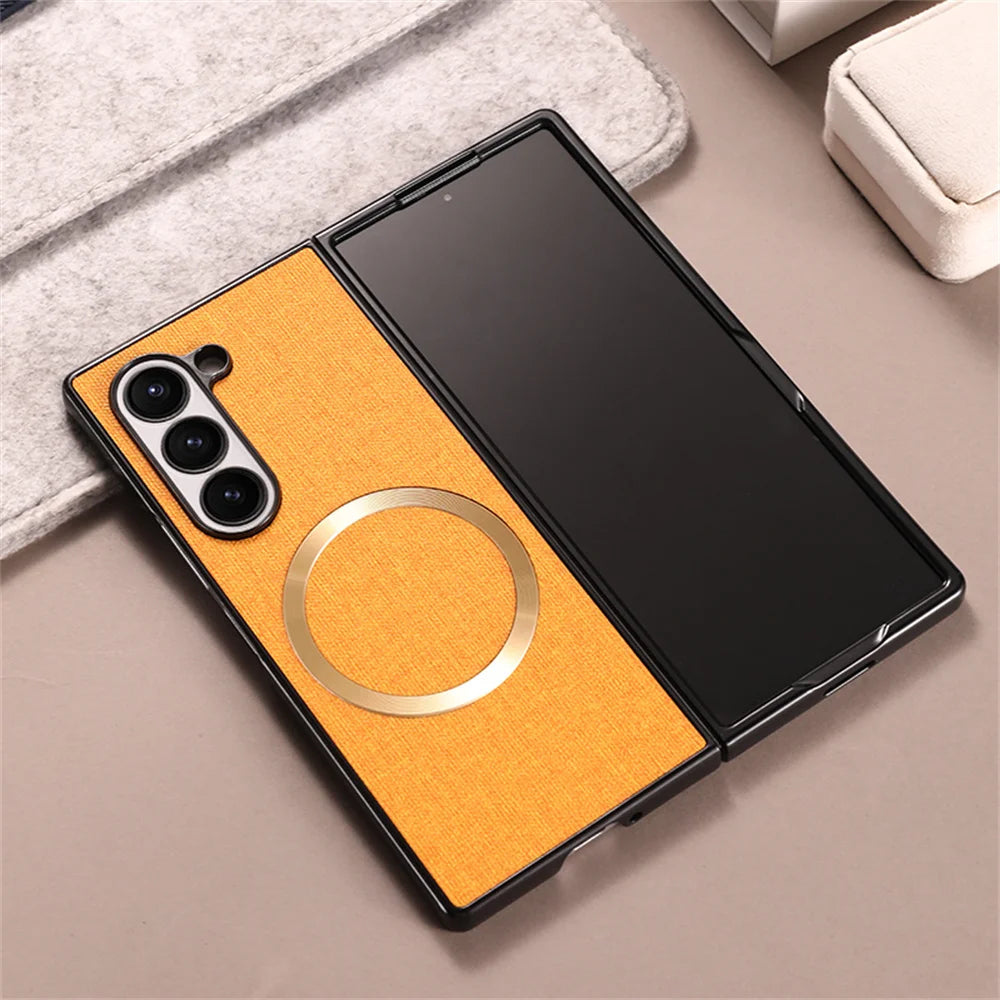 Luxury Fabric Cloth for Magsafe Case for Samsung Galaxy Z Fold 6 5 4 3 Magnetic Wireless Charging Ultra Slim Shockproof Cover