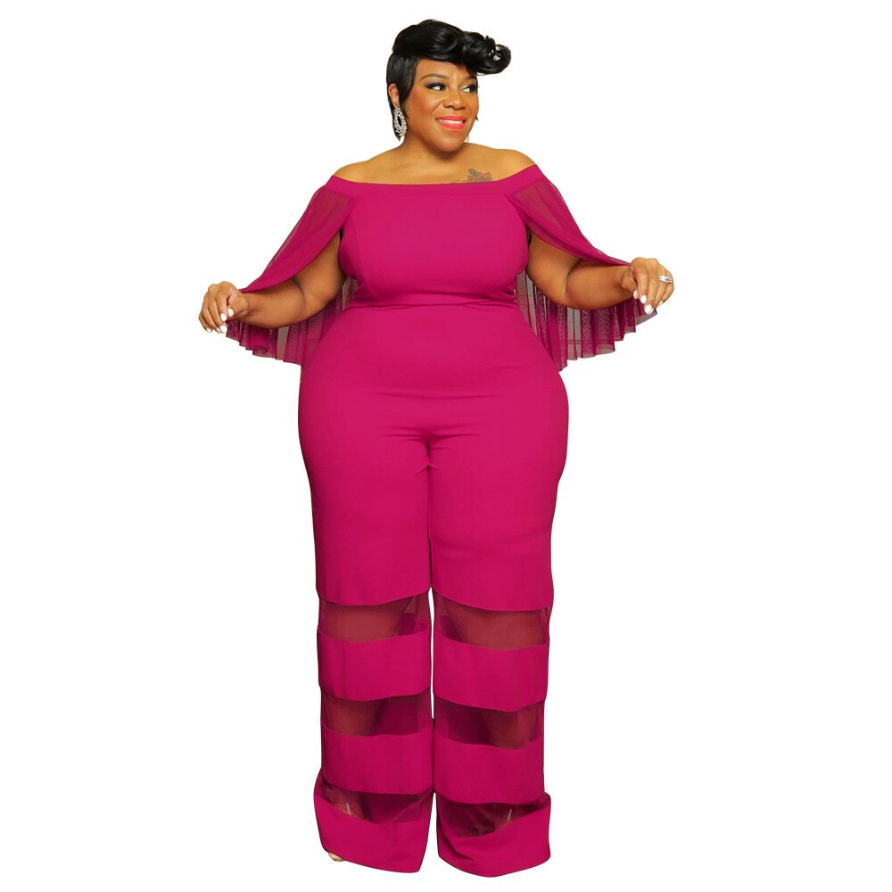 Plus Size Women Elegant Jumpsuit Mesh Patchwork One Piece Outfit Lady Designer Wide Leg Pant 2023 Spring Female Fashion Jumpsuit