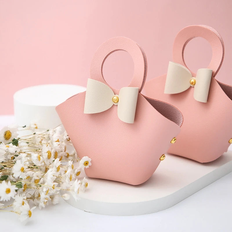 10/20PCS Leather Gift Bags Bow Ribbon Packaging Bag Wedding Favour Distributions Bags Christmas Candy Packaging Box Mini Handbag