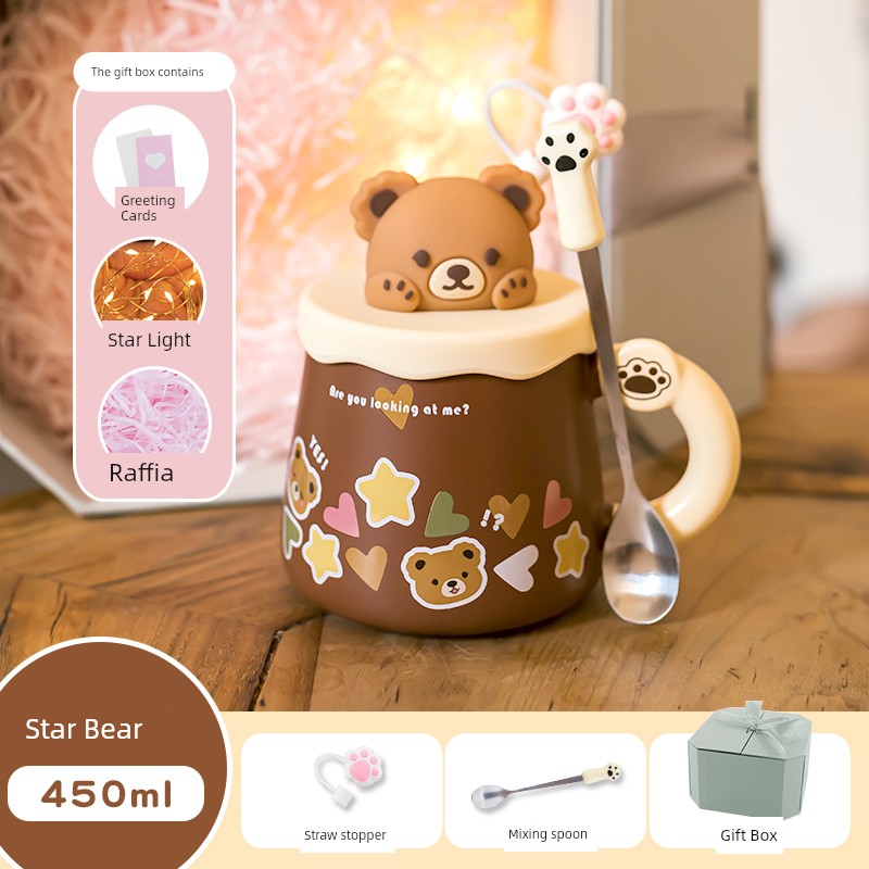 Cute Ceramic Cup Couple with Lid Spoon Straw Mug Home Breakfast Coffee Cup Women Office Water Glass Men