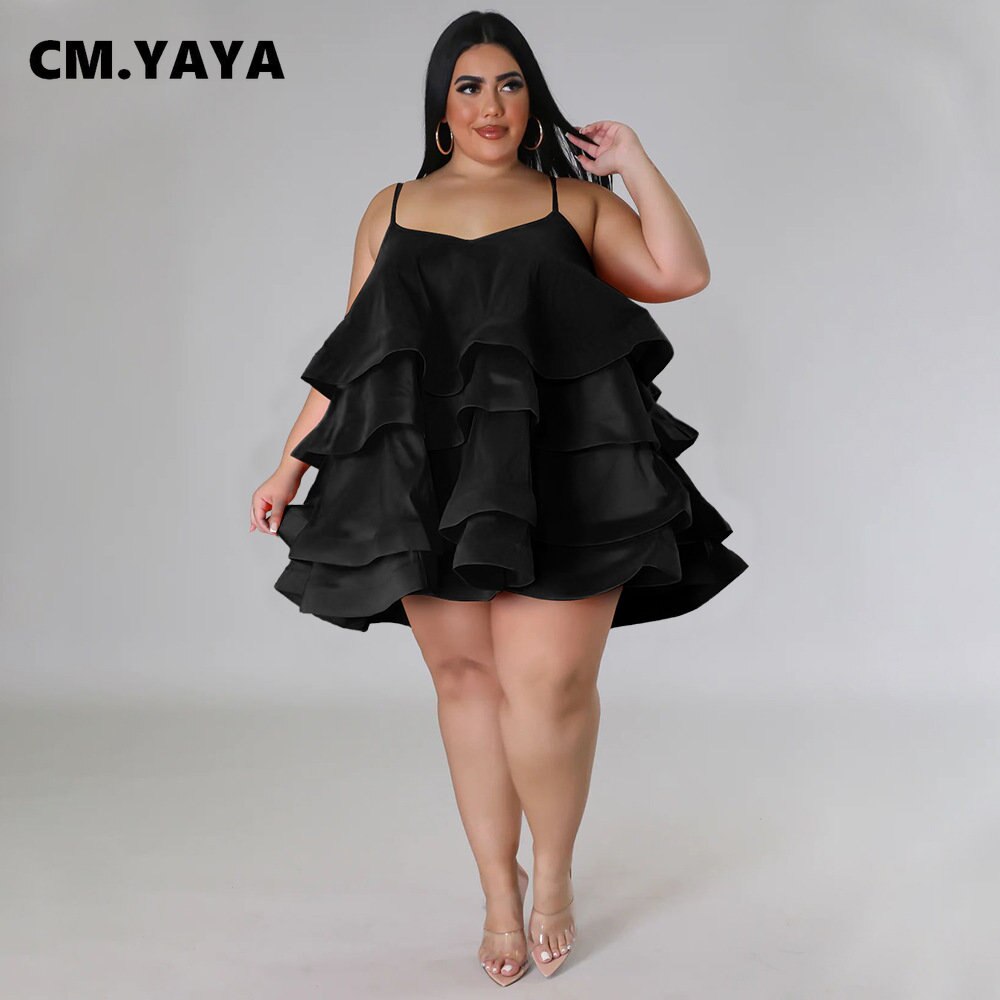 CM.YAYA Plus Size Vintage Women Cascanding Ruffles Big Swing Ball Gown Cake Babydoll Spaghetti Strap Sleeveless Dress Vestidos