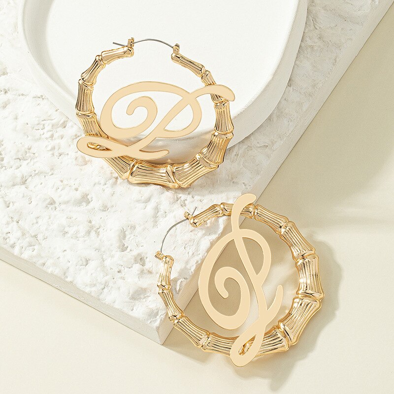 GSOLD Punk Rock A-Z Initial Bamboo Earrings For Women Party Hip-Hop Sexy Jewelry Letter Statement Large Circle Hoop Earring