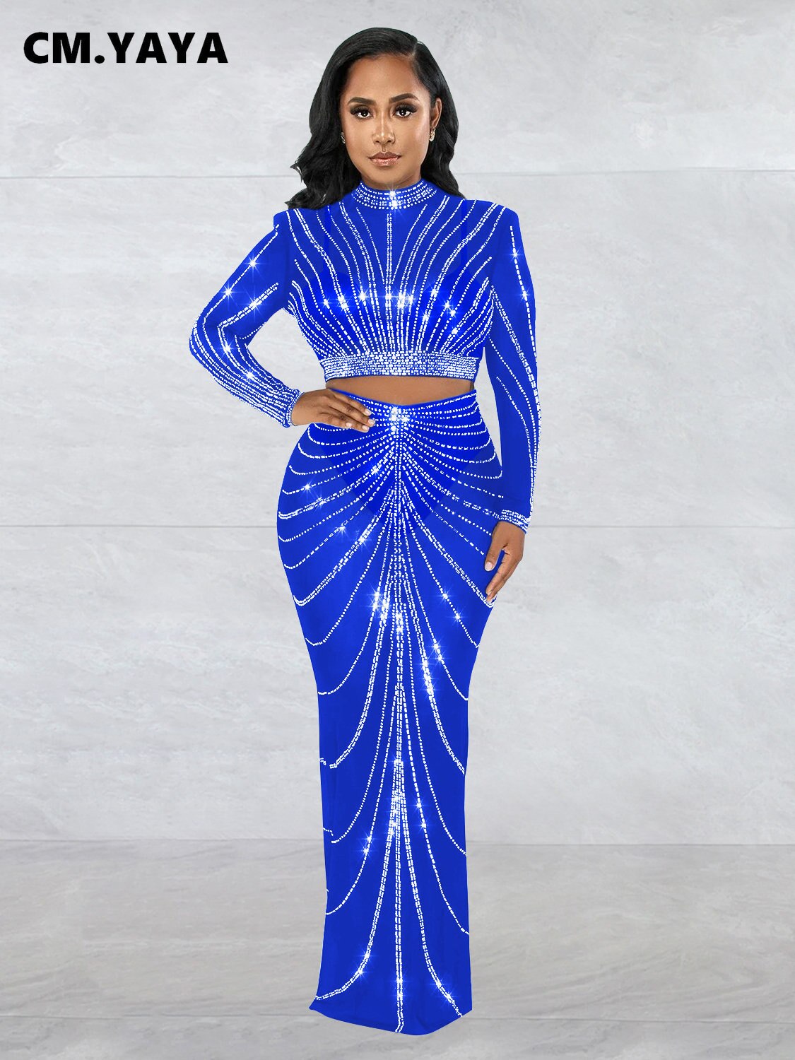 CM.YAYA Elegang Mesh See Though Diamonds Hot Rhinestones Maxi Long Midi Skirts Sets for Women Sexy Party Two 2 Piece Set Outfits