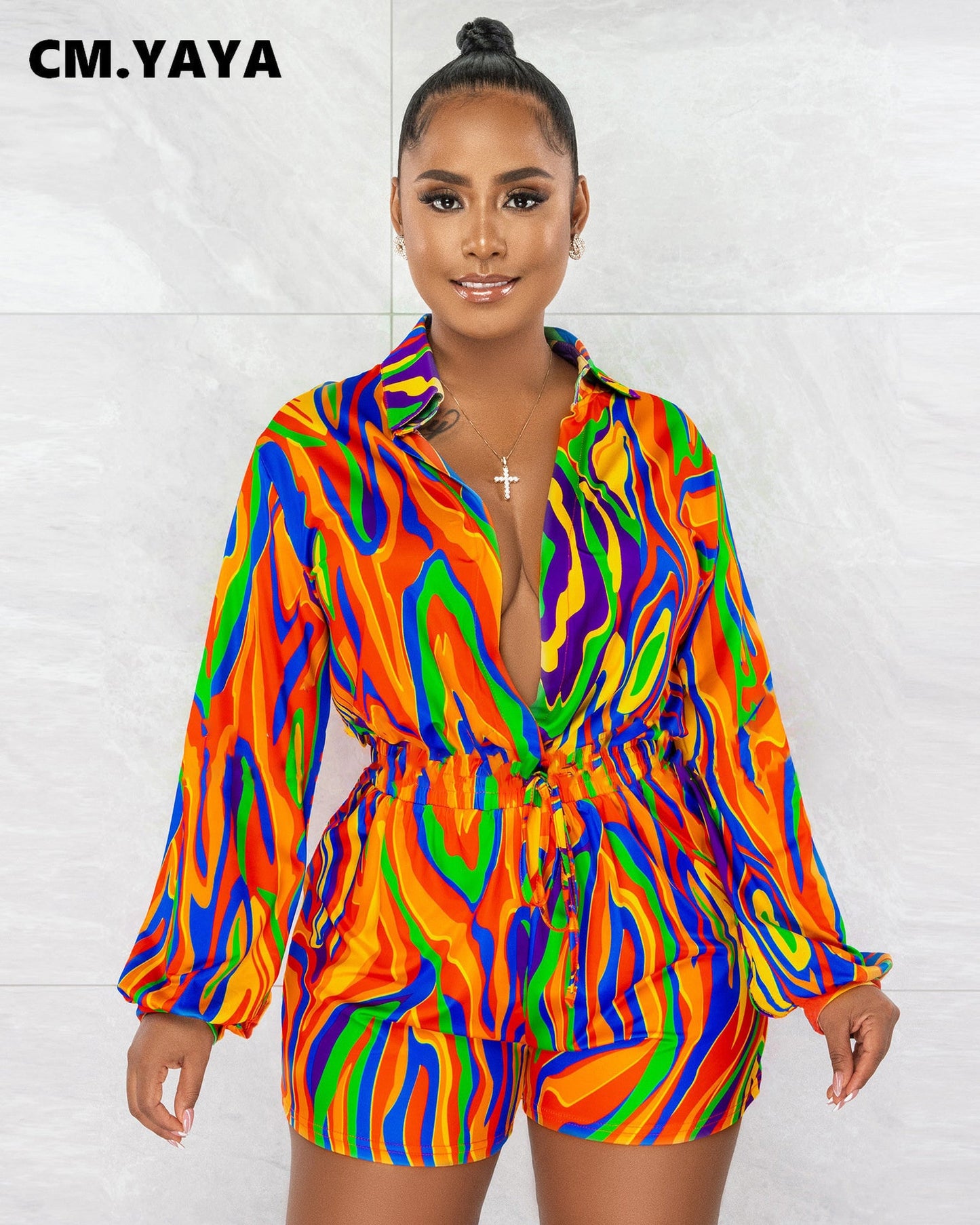 CM.YAYA Chic Women Tie Dye Black Hole Wrap Lapel Collar Long Sleeve Shirt Style Romper 2023 Spring INS One Piece Suit Playsuit