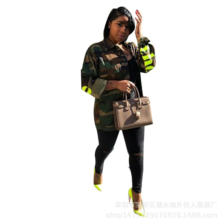 Women's Green Camouflage Long Jackets new Size Long Sleeve Camo Streetwear Coat femme Jacket