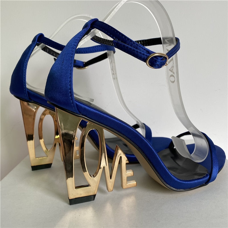 New Design Letter-Love Heel Gladiator Sandals Women Sexy One-strap Strange High Heels Fretwork Heel Summer Party Shoes