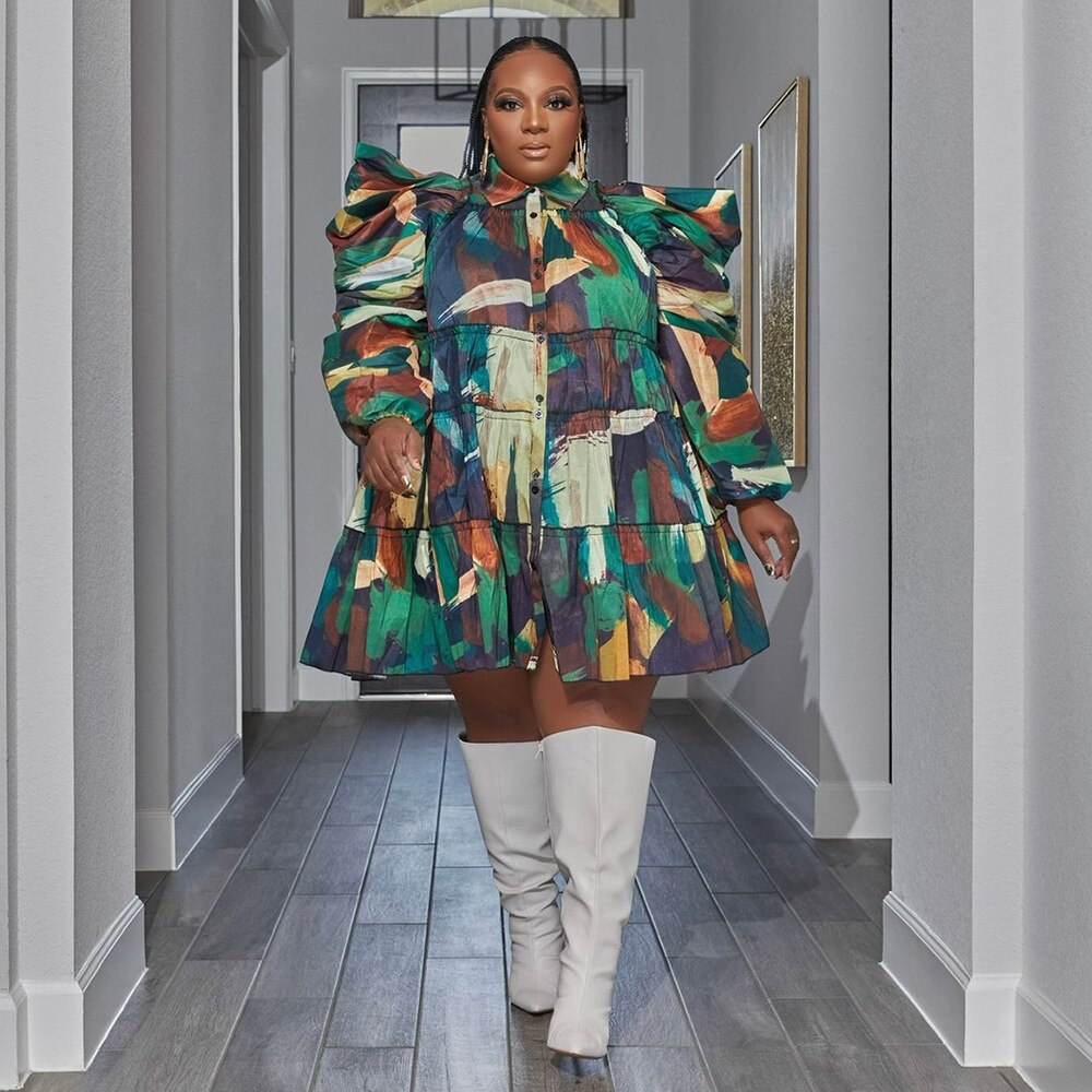CM.YAYA Plus Size Women Houndstooth Tie Dye Camouflage Printed Puff Long Sleeve Button Shirt Smock Babydoll Big Swing Dress