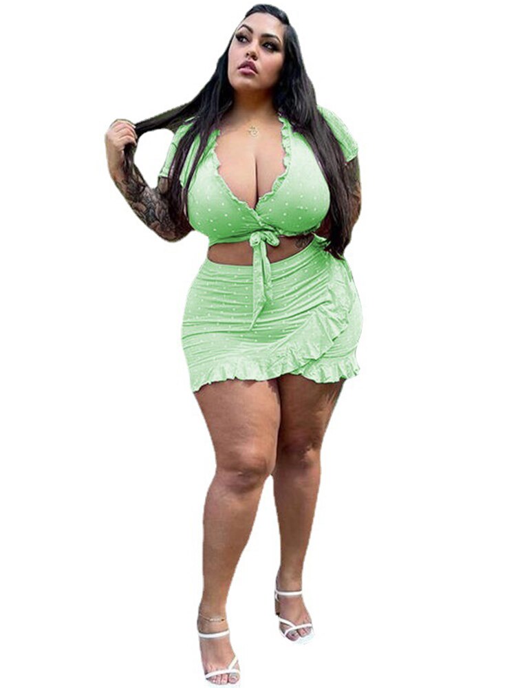 Plus Size 2 Piece Set Women Satin Skirt Set V Neck Crop Top Bodycon Sexy Summer Sweet Outfit Wholesale Bulk Dropshipping