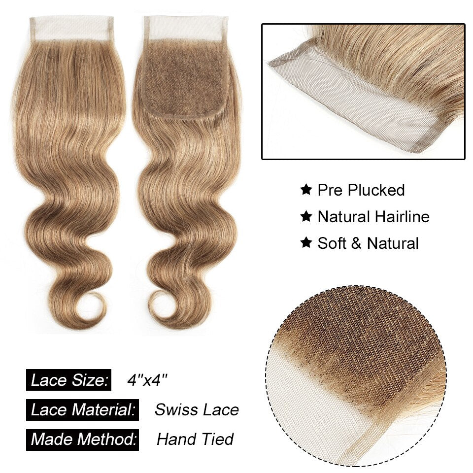 MOGUL HAIR Color 8 Ash Blonde Dark Brown Remy Human Hair Closure Indian Body Wave Hand Tied 4*4 Lace Closure Free Middle Part