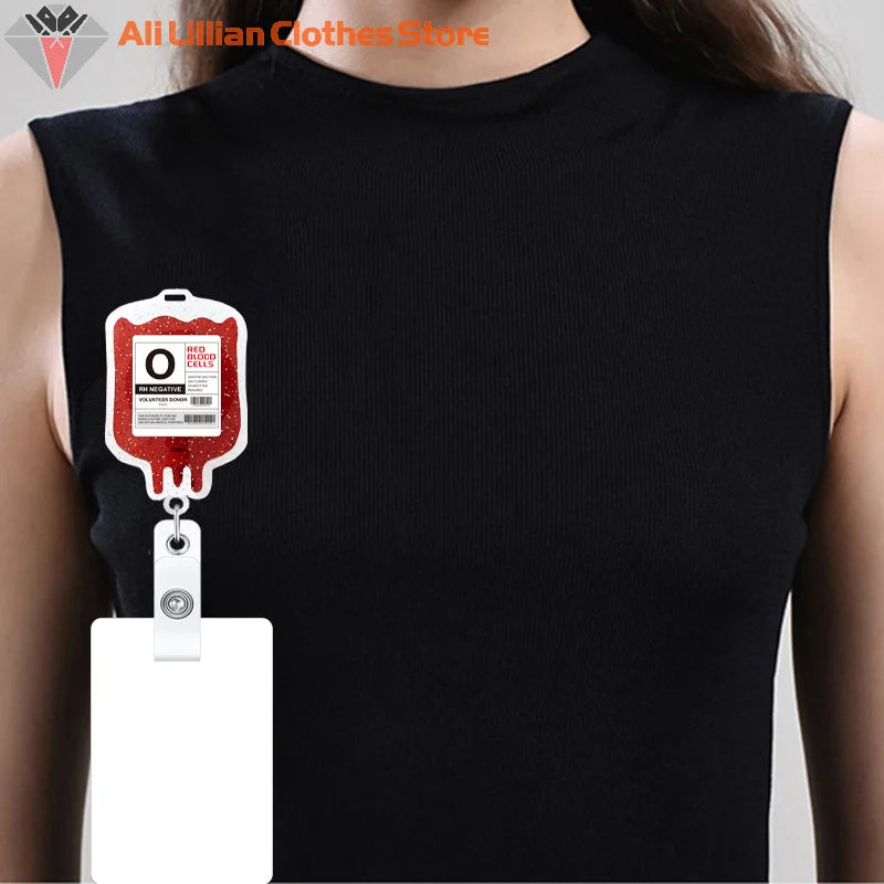 Acrylic Glitter Blood Bags Organ Retractable Badge Keychain Metal Clip Nurse Name ID Card Holder For Doctor Nurse Accessories