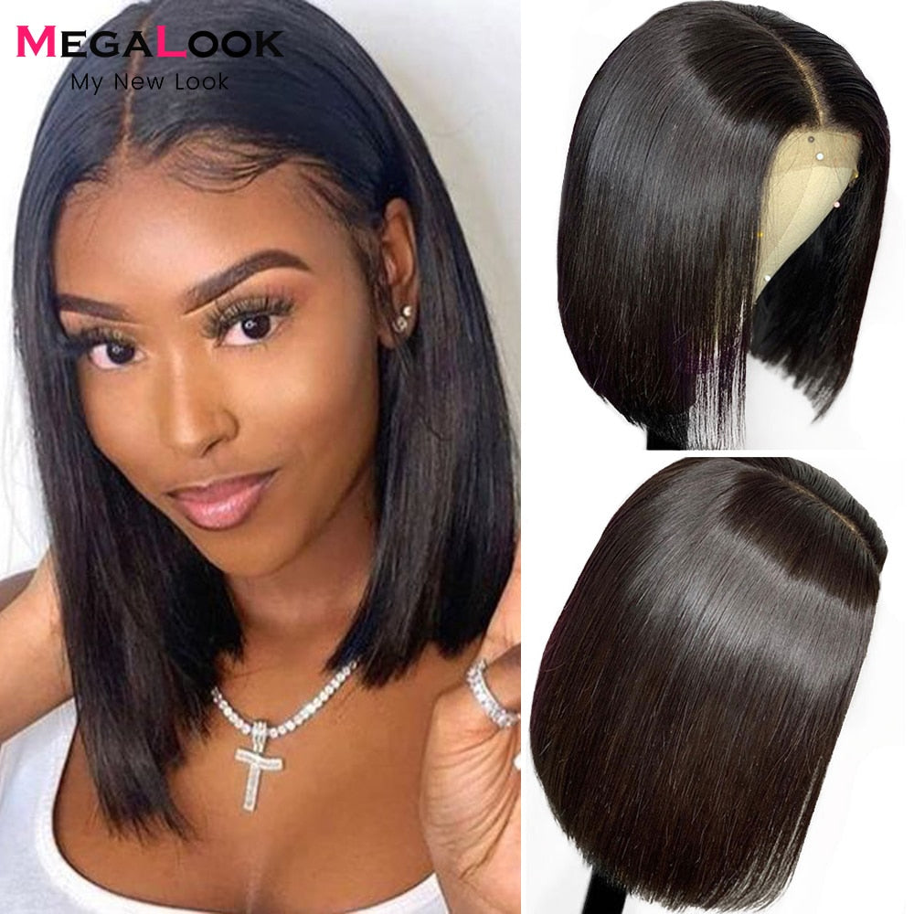 13x5x2 T Part Lace Front Wig Pre Pluckes MEGALOOK Human Hair Wigs For Women 4x4 Closure Wigs Short Straight Bob Wigs 180 Density