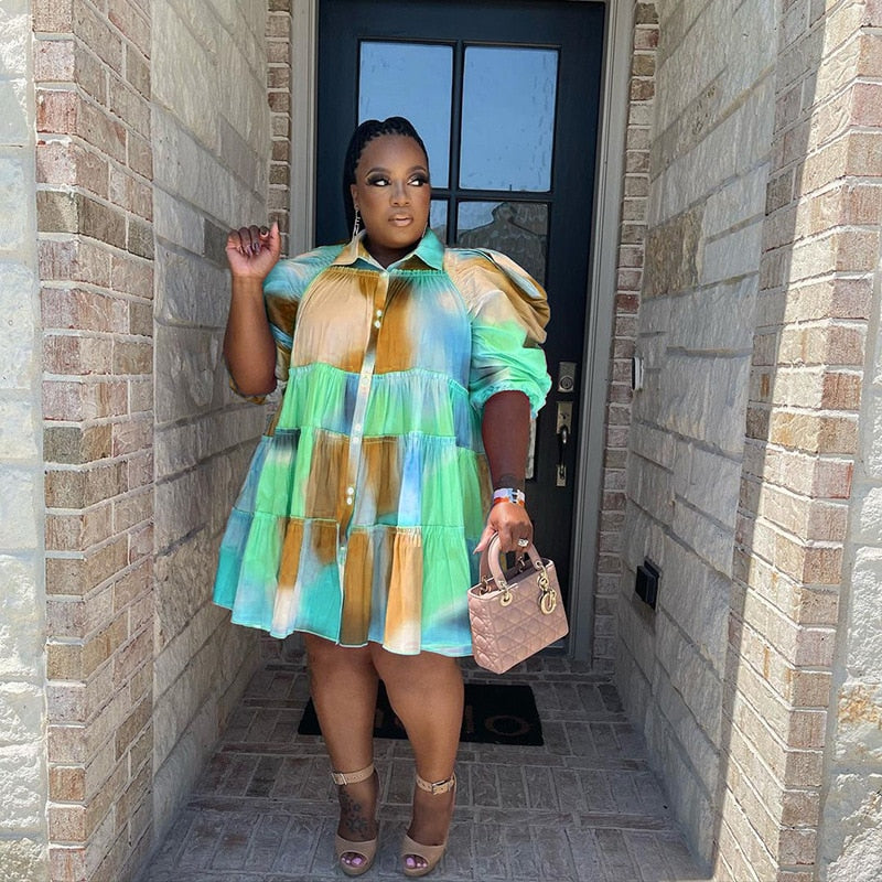CM.YAYA Elegant Women Graffiti Cape Stye Big Swing Loose Smock Dress Plus Size Curve Chic Single Breasted Shirt Blouse Dresses