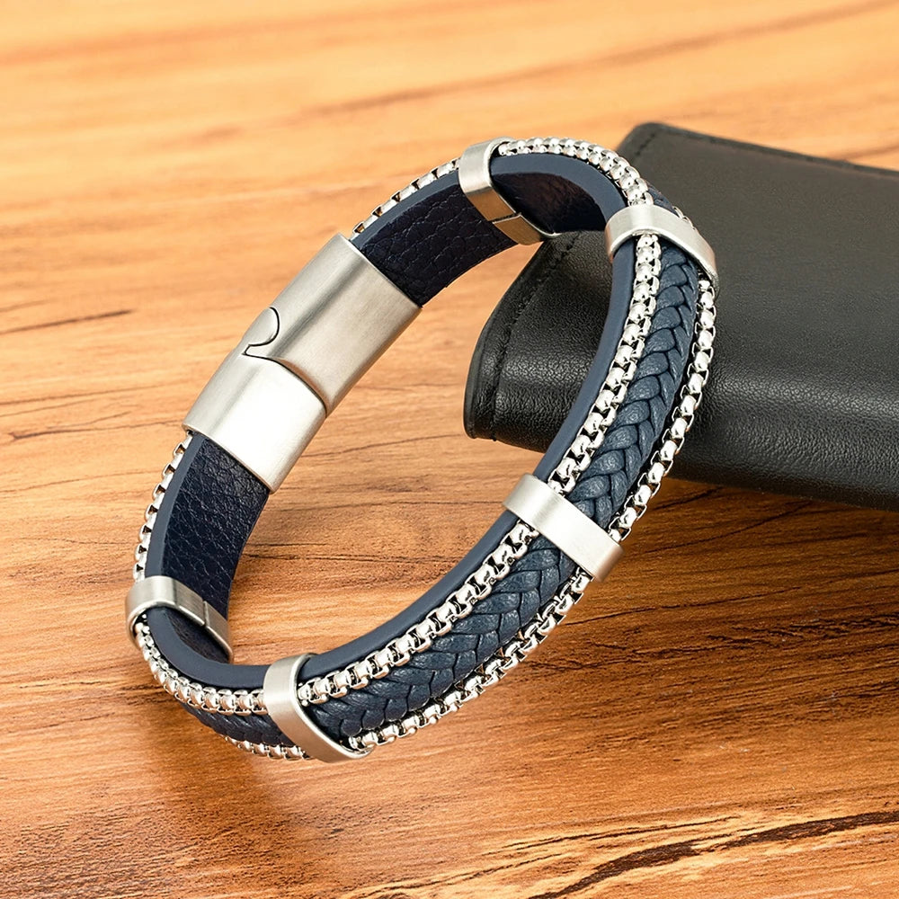 TYO New Arrivel Punk Design Chain Stainless Steel Braid Leather Bracelet for Men Magnetic Buckle Charm Jewelry Gifts Customized