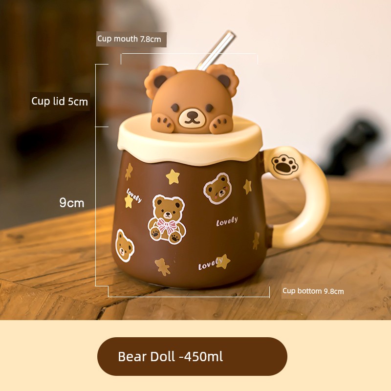 Cute Ceramic Cup Couple with Lid Spoon Straw Mug Home Breakfast Coffee Cup Women Office Water Glass Men