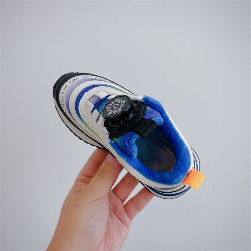 2022 Winter New Children's Shoes Boys' Knob Sports Cotton Shoes Korean Thickened Thermal Girl's Colorful Strips Sneakers