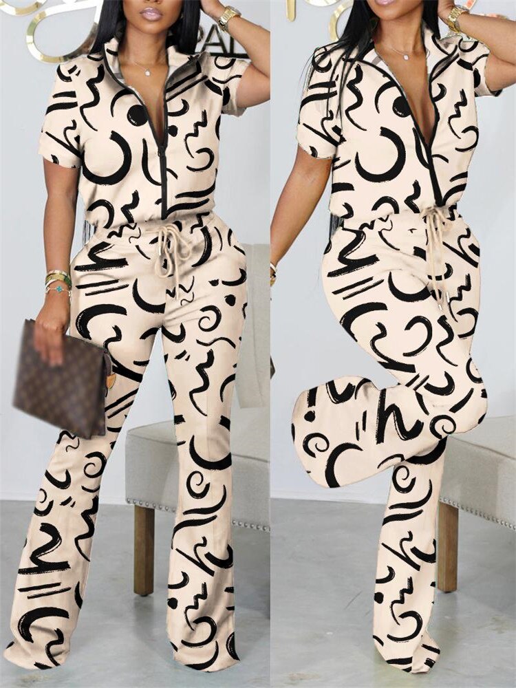 2023 Two Piece Sets Womens Geometric Print Zip Up Top &amp; Drawstring Pants Set Outifits Fashion Tracksuits Casual T Female Outfit