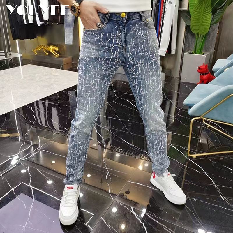 Designer Jeans Men Full Rhinestone Male Tight Pencil Pants New Fashion Luxury High-quality Man Denim Slim Trousers streetwear