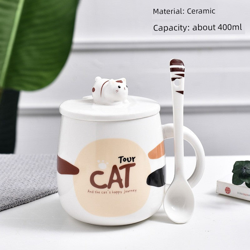 Cute Cat Mug Cartoon Porcelain Cup Couple Men and Women Water Cup Coffee Cup with Cover Spoon Breakfast Milk Cup