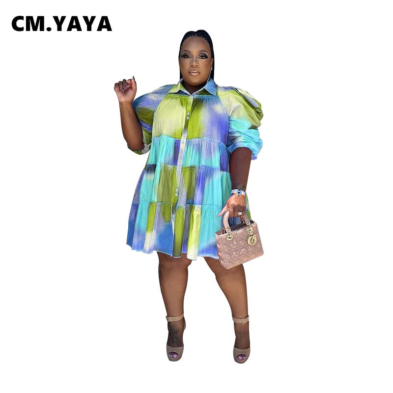 CM.YAYA Elegant Women Graffiti Cape Stye Big Swing Loose Smock Dress Plus Size Curve Chic Single Breasted Shirt Blouse Dresses