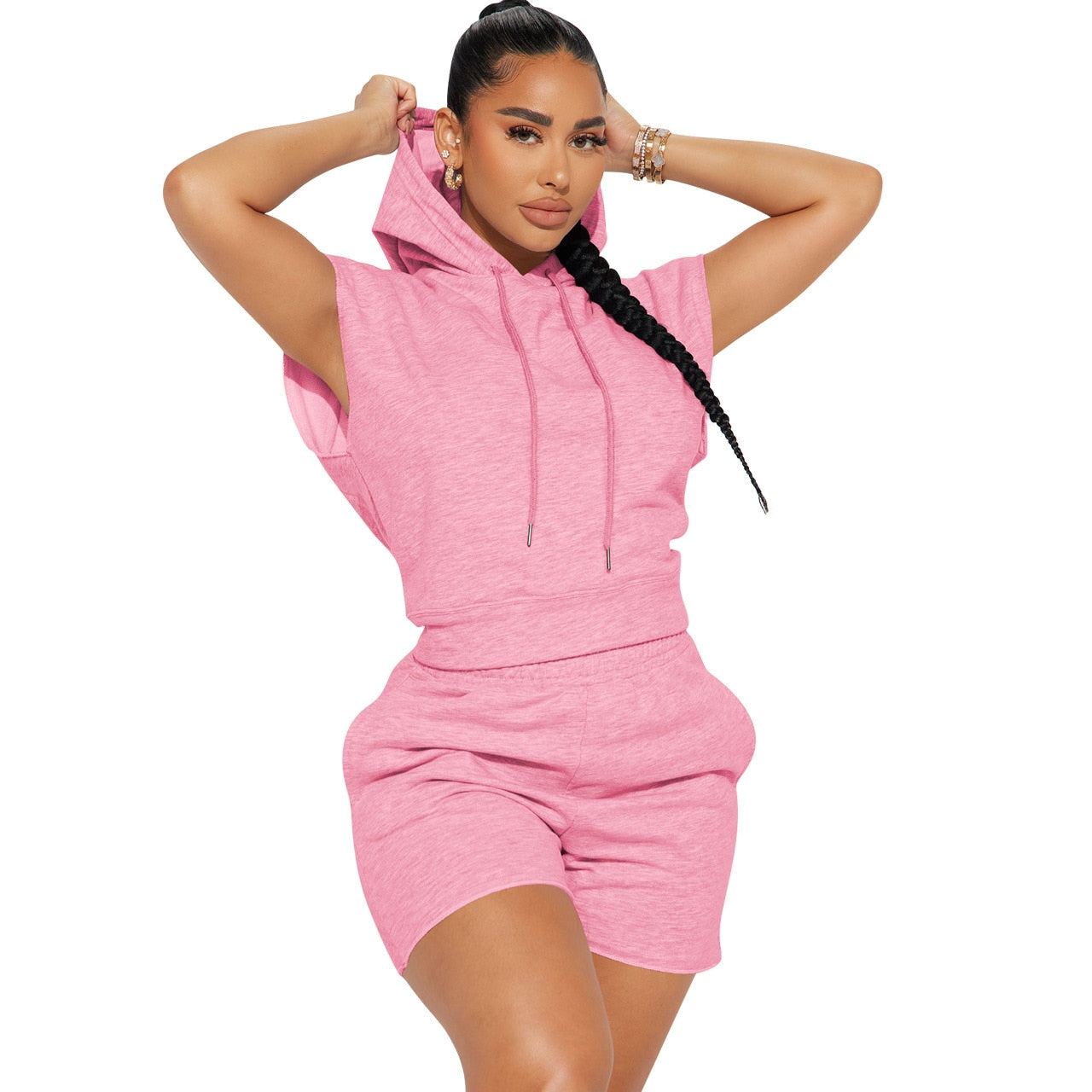 CM.YAYA Fashion Women's Set Hooded Flare Short Sleeve Sweatshirt and Shorts Suit 2023 Active Two 2 Piece Set Outfits Tracksuit