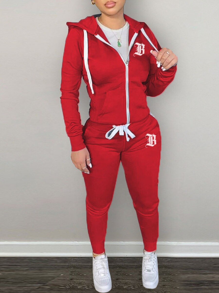 LW Simple Two Piece Set Women Casual Sporty Long Sleeve Zipper Design Top Hooded Collar Broken Heart Print Female Tracksuit Set