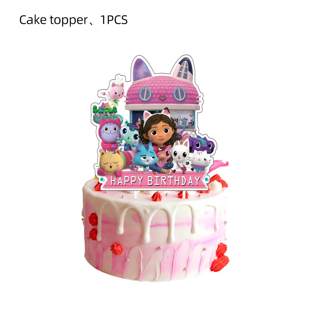 Pink Gabbys Dollhouse Cats Birthday Party Decoration Disposable Tablecloth Cup 3D Doll Balloon For Girls Baby Shower Supplies