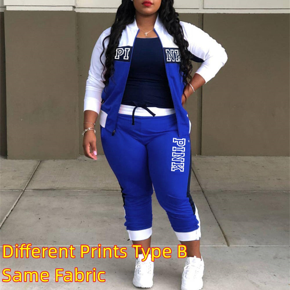 HLJ&amp;GG Casual Sporty Two Piece Sets Women Zipper Long Sleeve Top + Jogger Pants Tracksuits Spring PINK Letter Print 2pcs Outfits