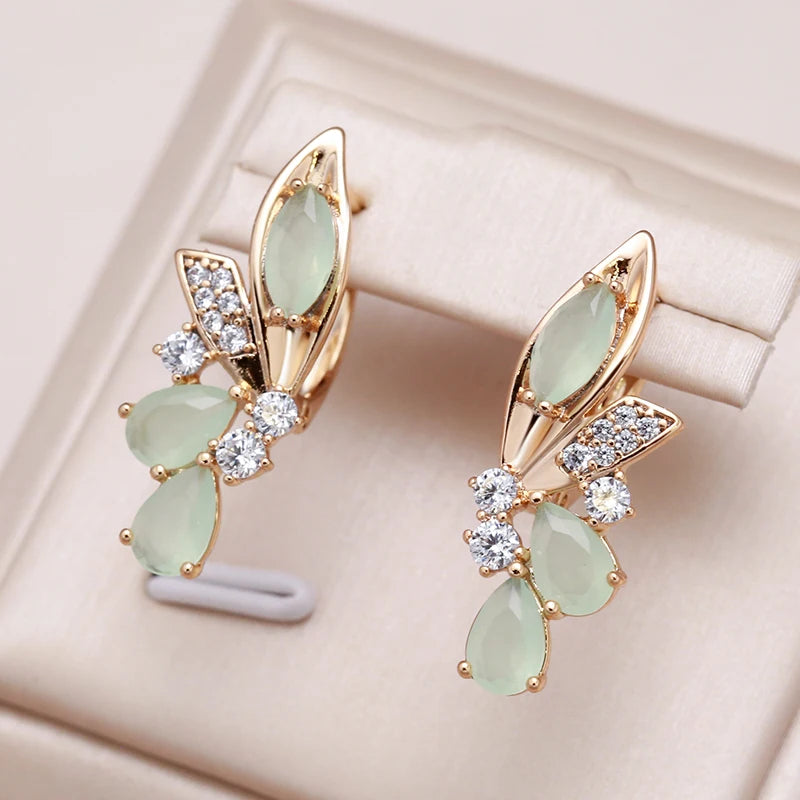 Wbmqda Luxury Green Natural Zircon Long Dangle Earring For Women 585 Rose Gold Color Trendy Crystal Flower Ear Drop Jewelry