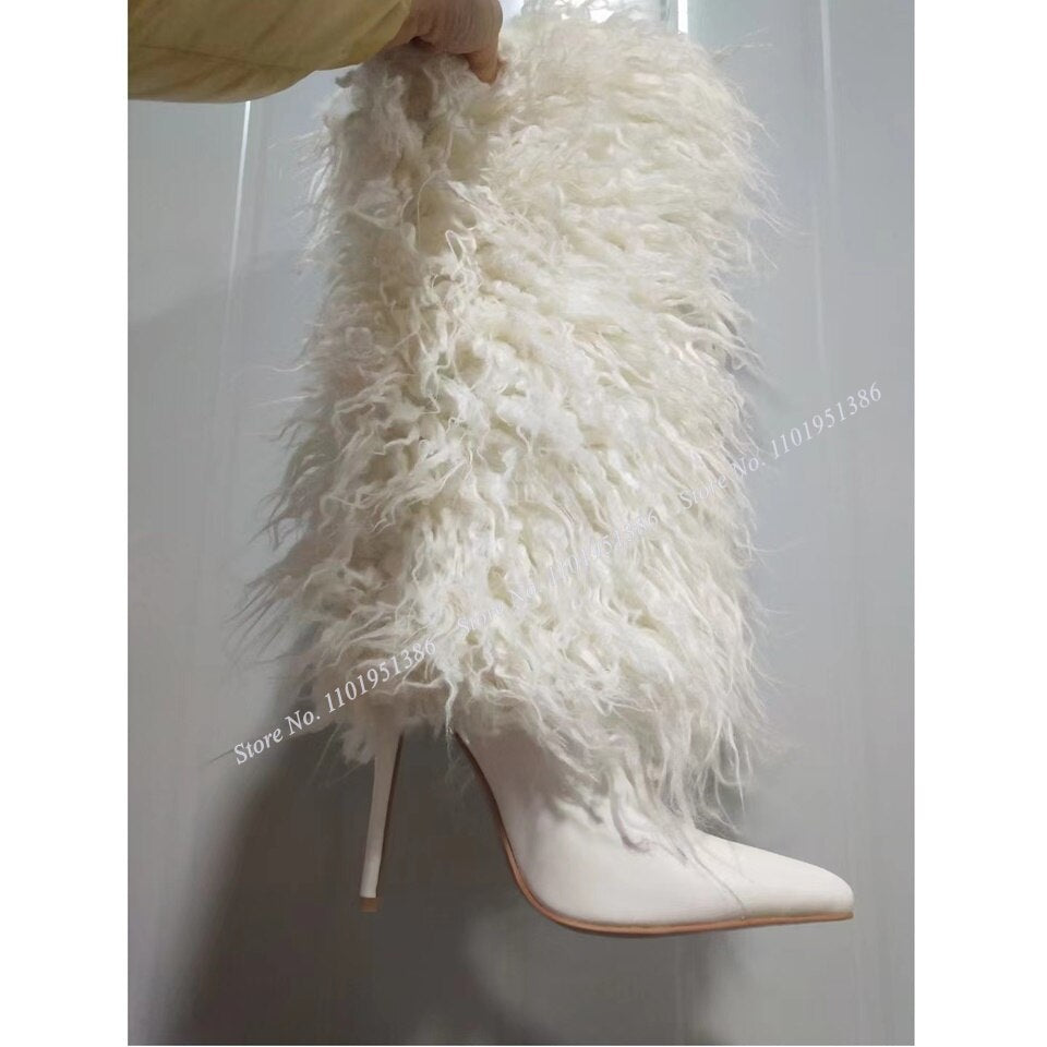 Pereira White Thick Fur Decor Boots High Heel Boots Mid Calf Pointed Toe Shoes for Women Heels New Fashion Zapatillas Mujer