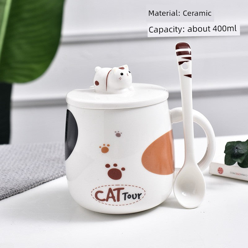 Cute Cat Mug Cartoon Porcelain Cup Couple Men and Women Water Cup Coffee Cup with Cover Spoon Breakfast Milk Cup