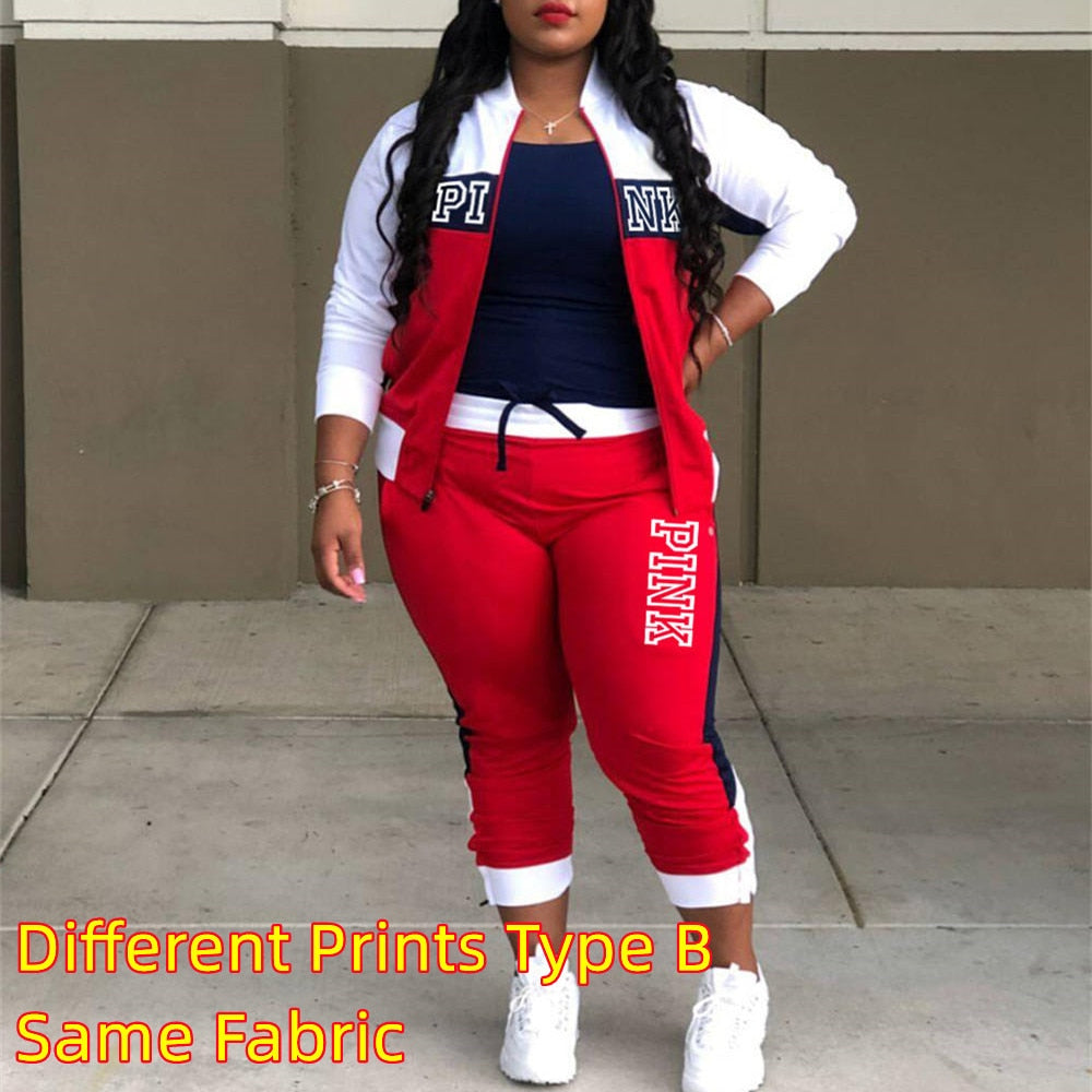HLJ&amp;GG Casual Sporty Two Piece Sets Women Zipper Long Sleeve Top + Jogger Pants Tracksuits Spring PINK Letter Print 2pcs Outfits