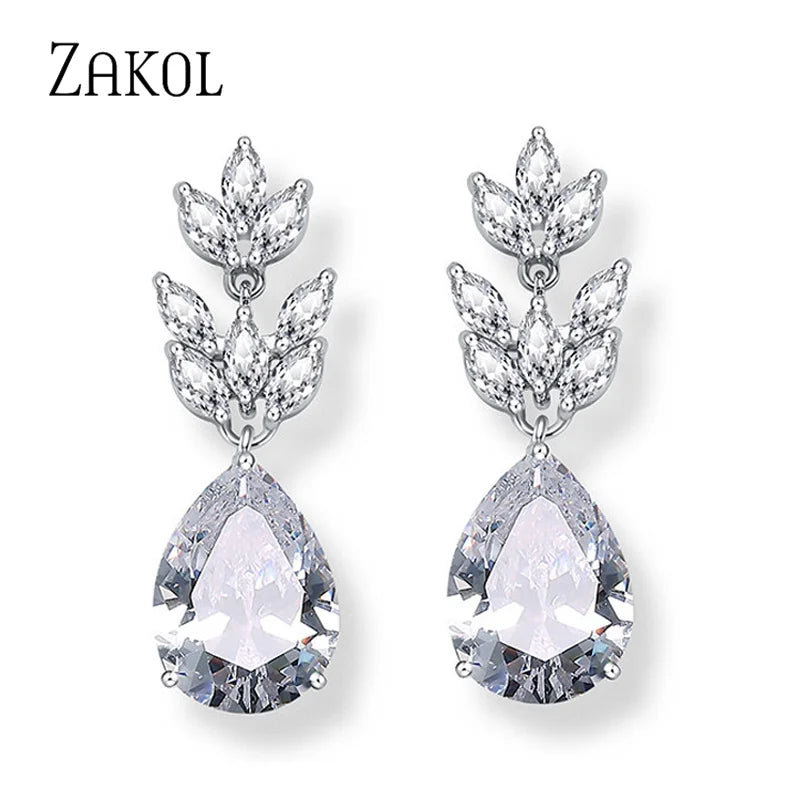 ZAKOL Hot Selling Romantic Water Drop Cubic Zircon Dangle Earrings for Women Fashion Leaf Bridal Wedding Jewelry EP012