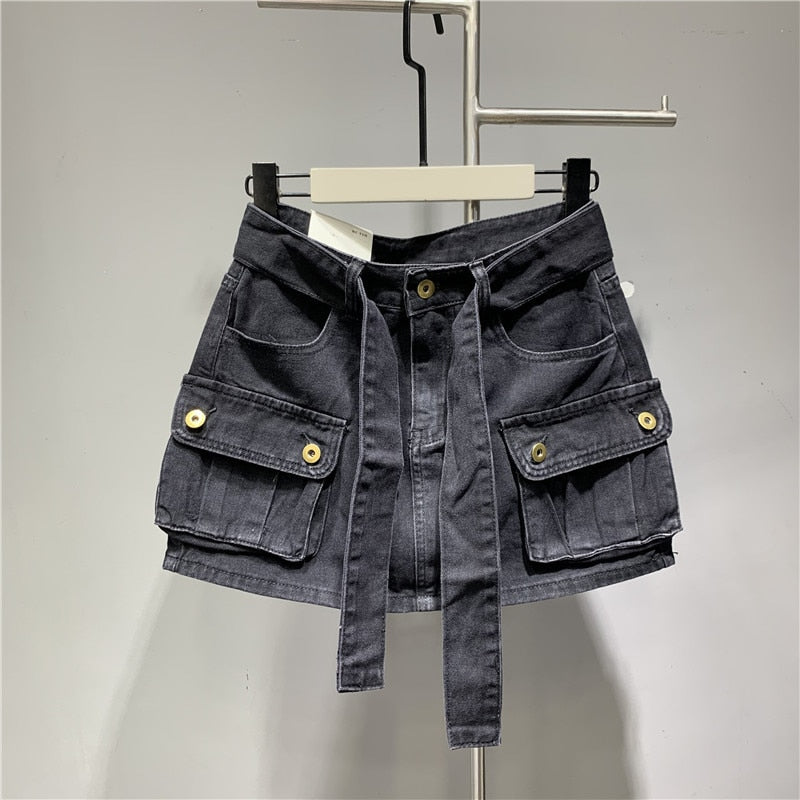 DEAT Fashion Belt Bandage Denim Mini Skirt Women Patchwork Pocket Cargo Wrap Hip Skirts Female Trend 2023 Spring New 11XX01119