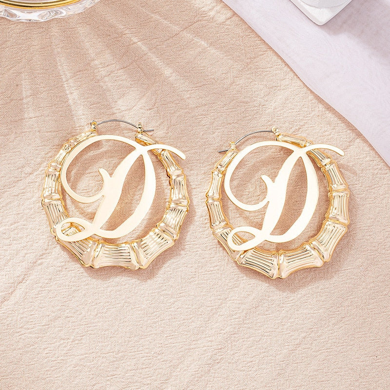 GSOLD Punk Rock A-Z Initial Bamboo Earrings For Women Party Hip-Hop Sexy Jewelry Letter Statement Large Circle Hoop Earring